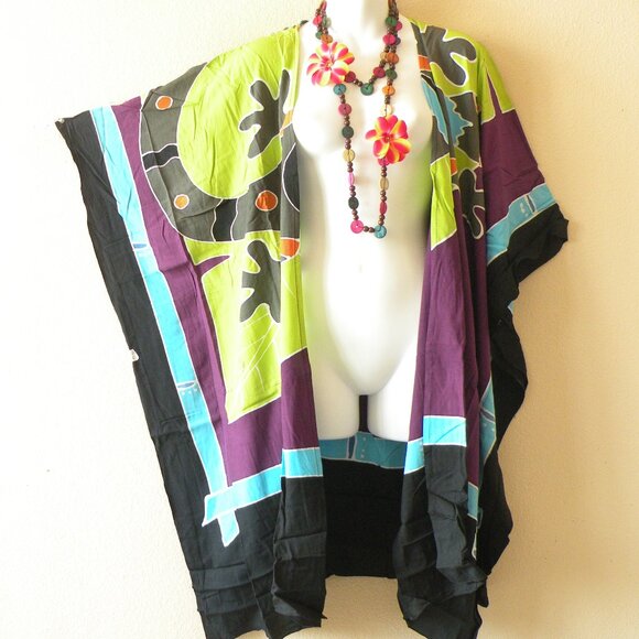 CM65 Gecko Batik Plus 38" Open Hand Painted Cover Up Midi Cardigan fit up to 5X - Picture 1 of 2